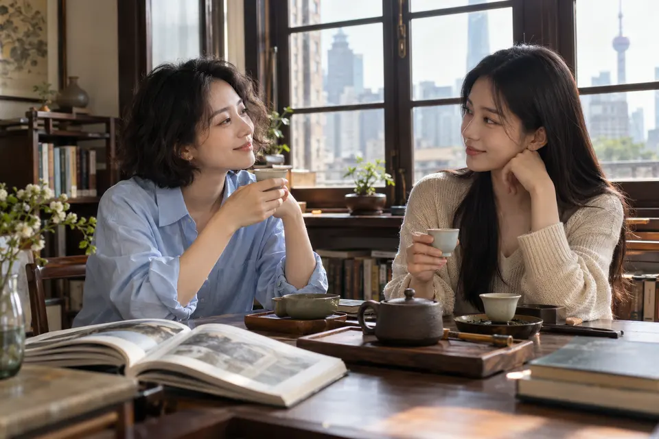 城市茶席旁，年轻女性在桌边阅读与交流