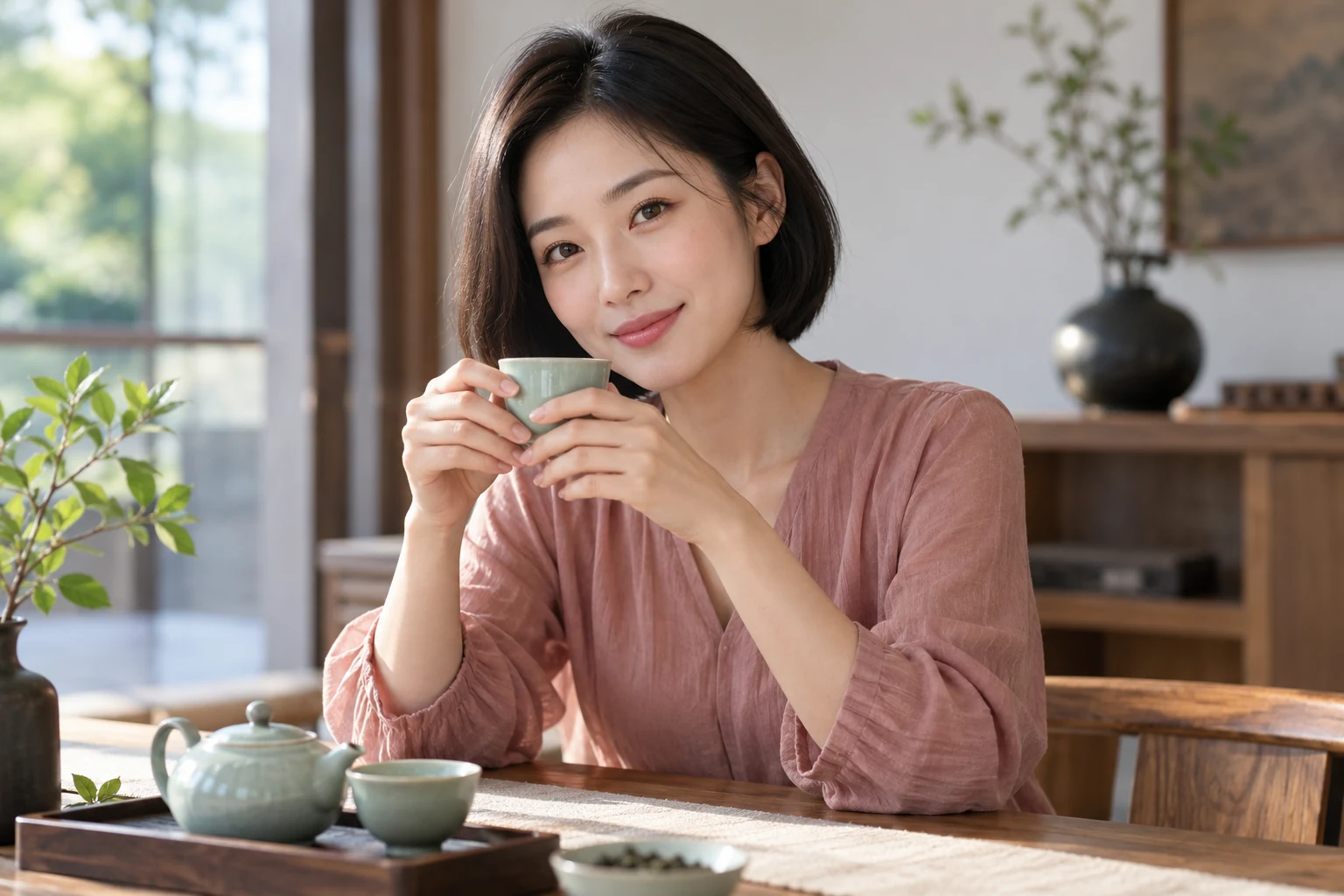 年轻女性手持青瓷杯品饮