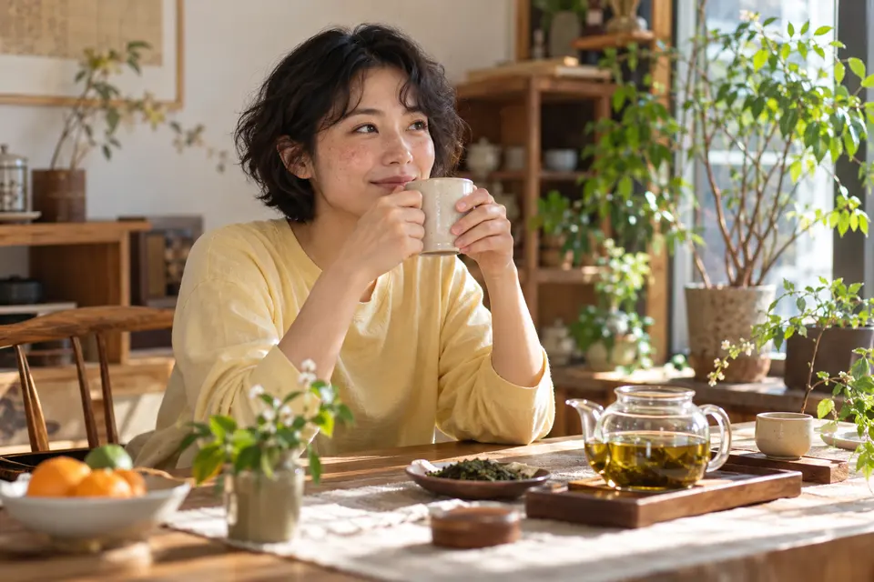 晨光里，年轻女性端着茶杯