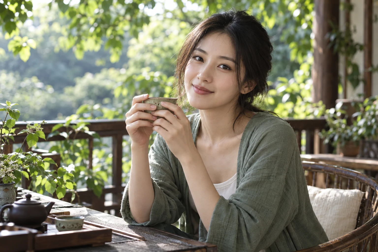 阳台绿植旁，年轻女性端起茶杯