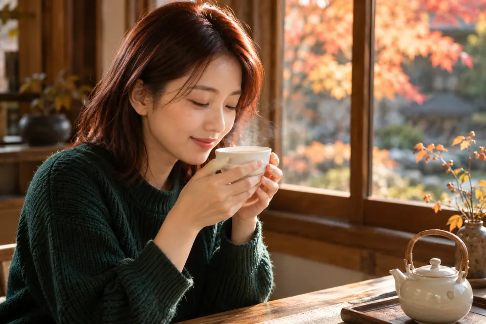 秋日窗边，年轻女性闻茶香
