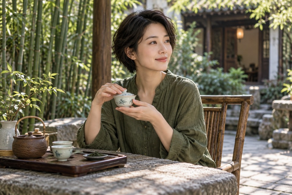 竹庭中，年轻女性以盖碗品茶