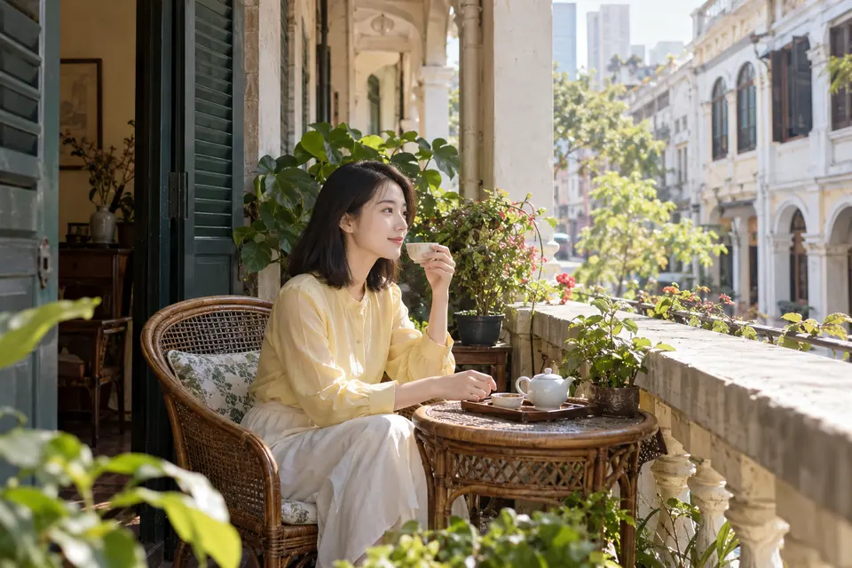 骑楼阳台上，清晨的一杯茶