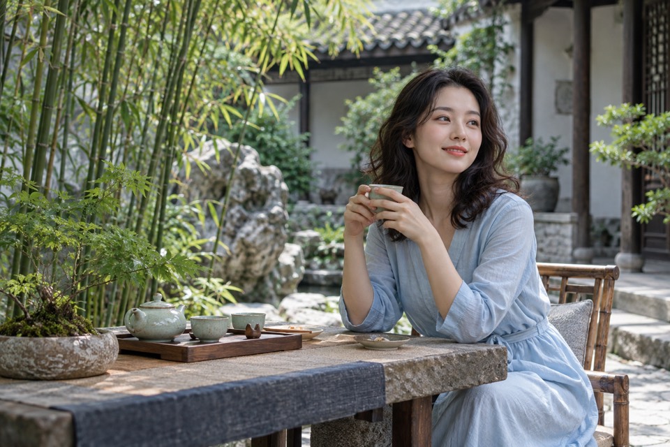 庭院中年轻女性在户外品茗