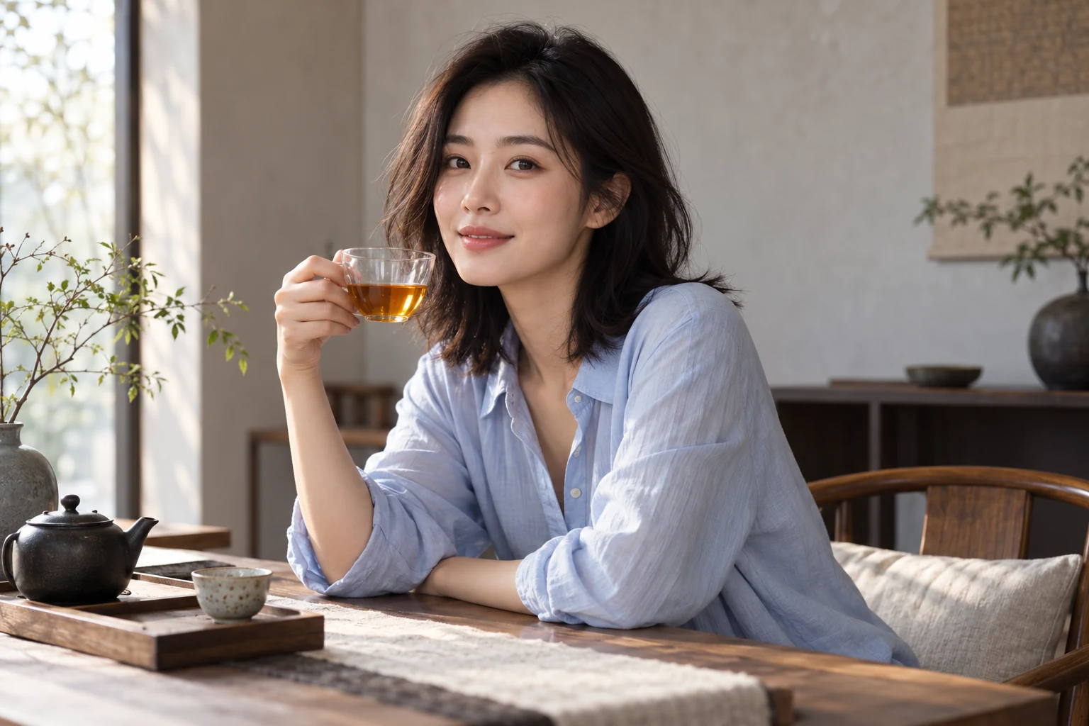 都市茶室中，年轻女性安静品饮